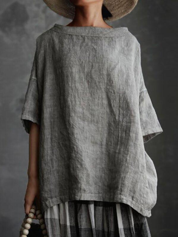 Solid Color Long Sleeve Linen Cotton Loose Tops Blouse