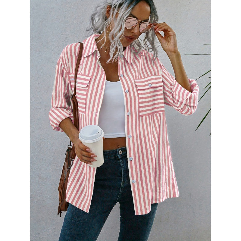 Chic Striped Half-Snap Long Sleeve Blouse