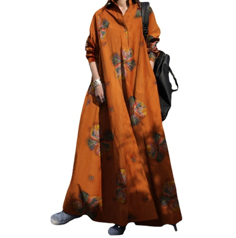 Buttoned Cotton and Linen Retro Casual Long-sleeved Dress
