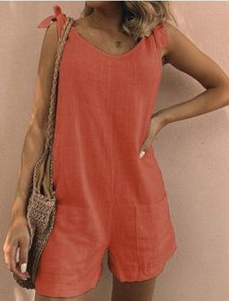 Summer Solid Color High Waist Cotton Linen Pocket Fashion Jumpsuit