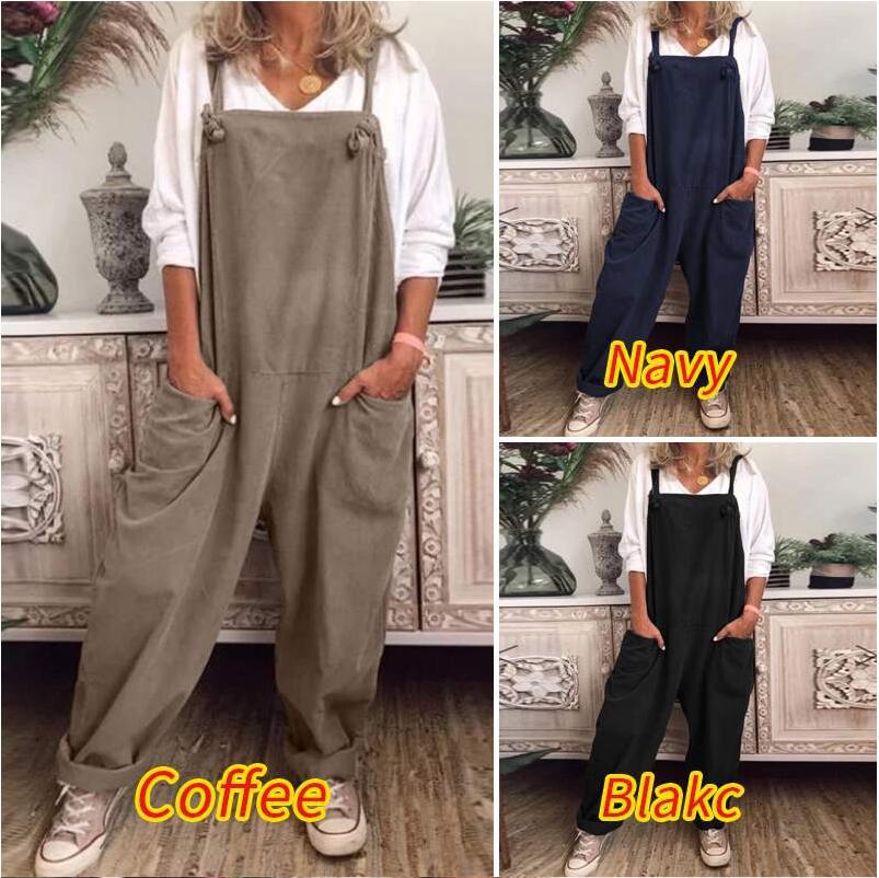 Summer Solid Color Casual Mid Waist Retro Pocket Sleeveless Cotton Linen Lace-up Jumpsuit