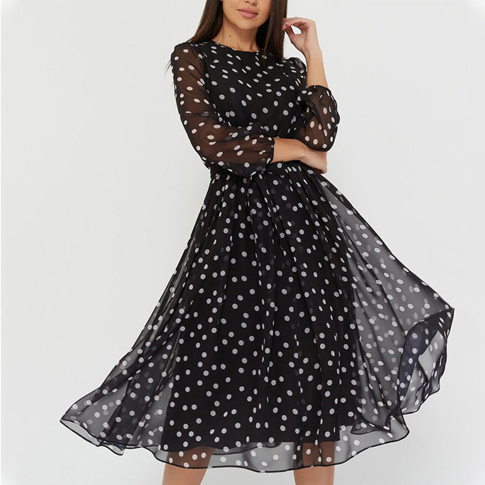 Spring Women's Long Sleeve Black Chiffon Printed Round Neck Lace Dot Formal Dress
