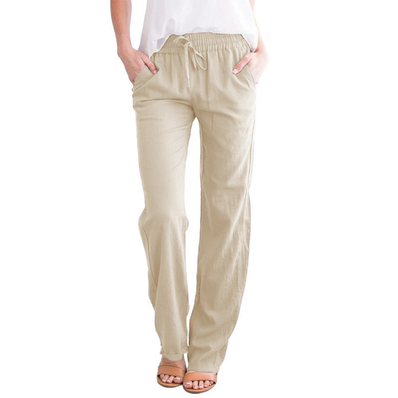 Women's Temperament Commute Solid Color Cotton Linen Drawstring Loose Casual Wide-leg Trousers