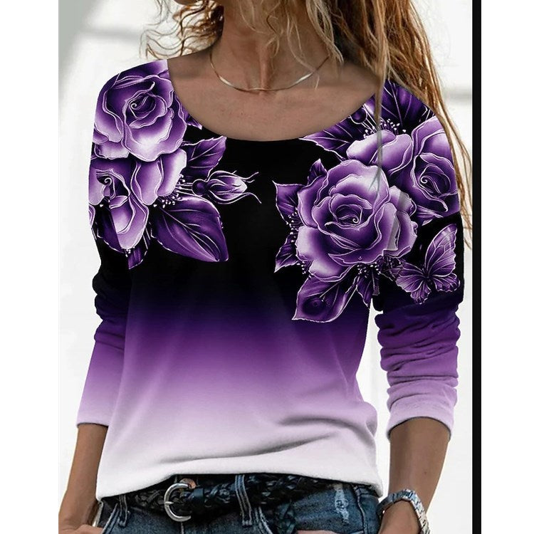 Women's Long Digital Printing Sleeve Loose Neck Casual Pullover Print T-shirt