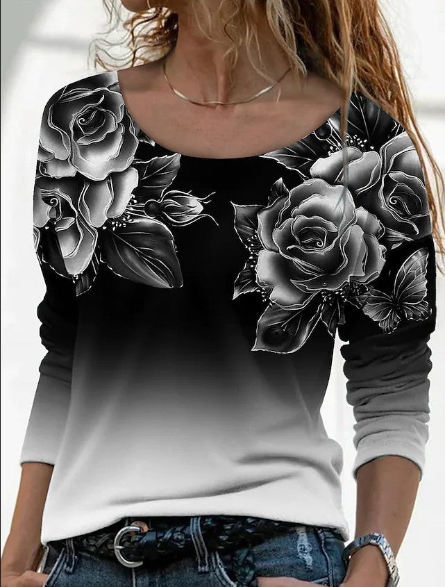 Women's Long Digital Printing Sleeve Loose Neck Casual Pullover Print T-shirt