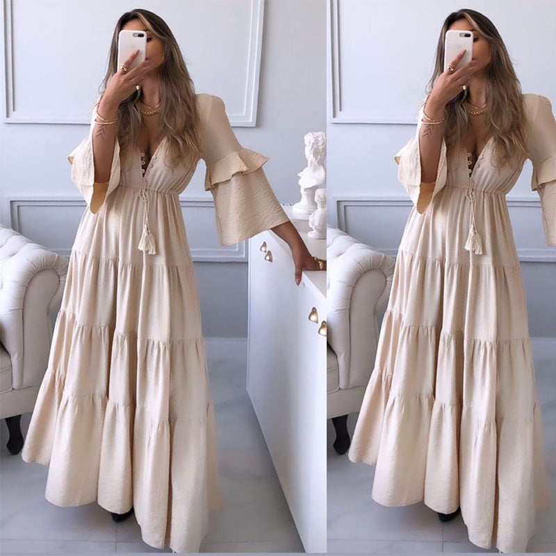 Long dress with V-neck 100% Cotton