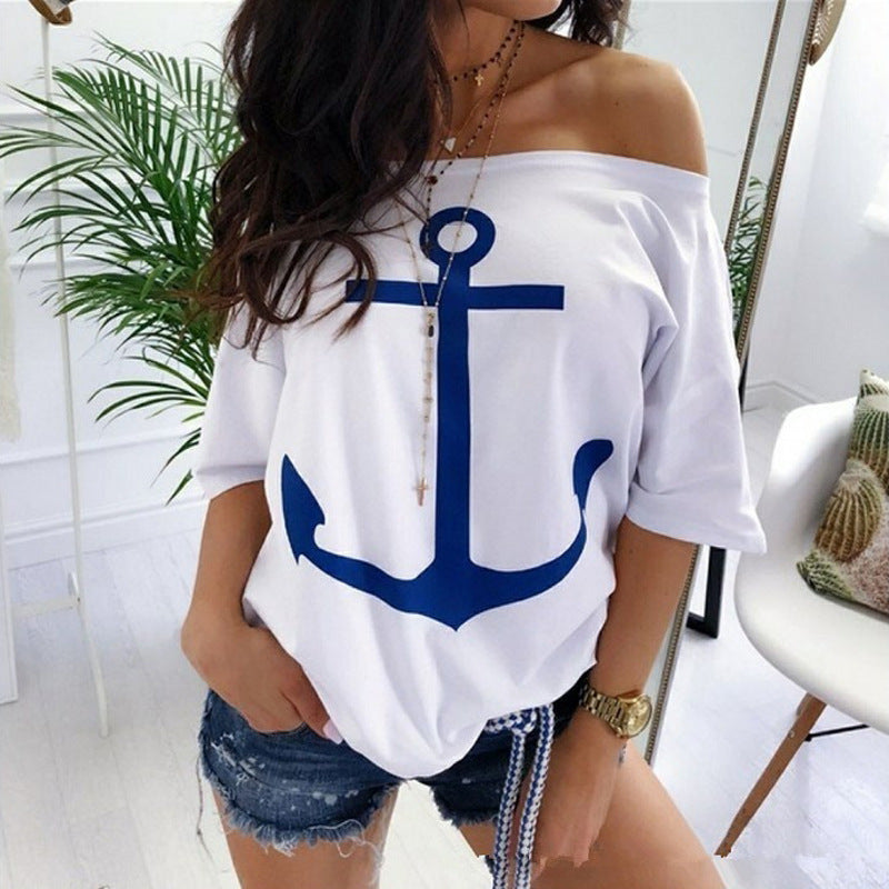 Women's Loose Off-the-shoulder Batwing Printed T-shirt Shirt Blouses