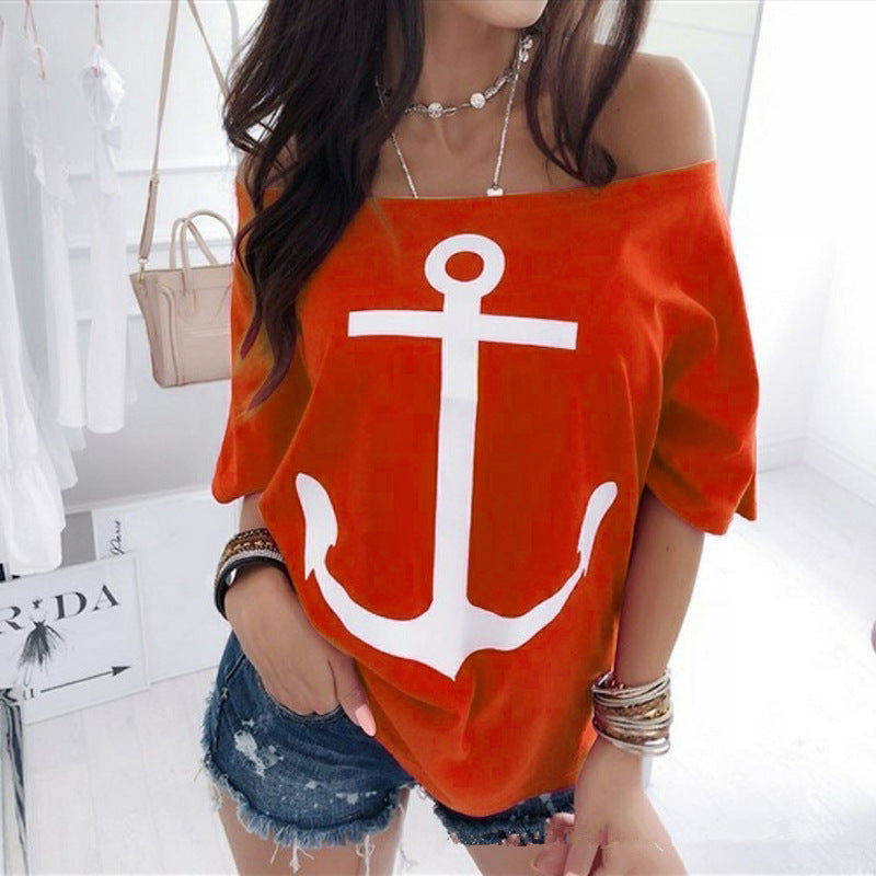 Women's Loose Off-the-shoulder Batwing Printed T-shirt Shirt Blouses