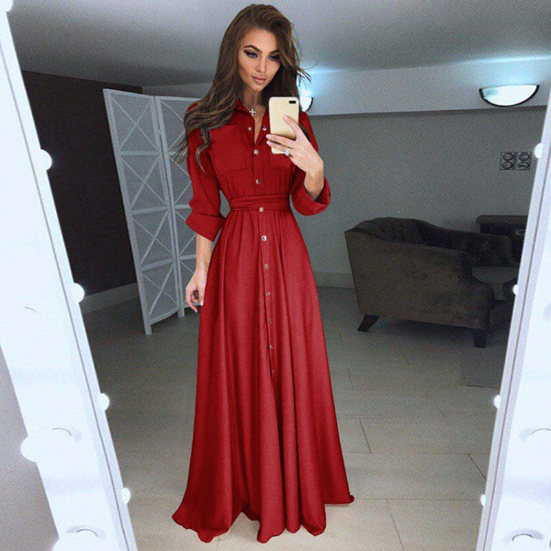 Women's Slim-fit Long-sleeved Button Self-tie Dress Dresses