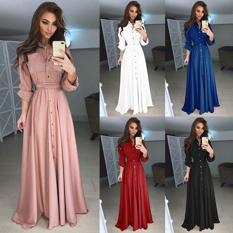 Women's Slim-fit Long-sleeved Button Self-tie Dress Dresses