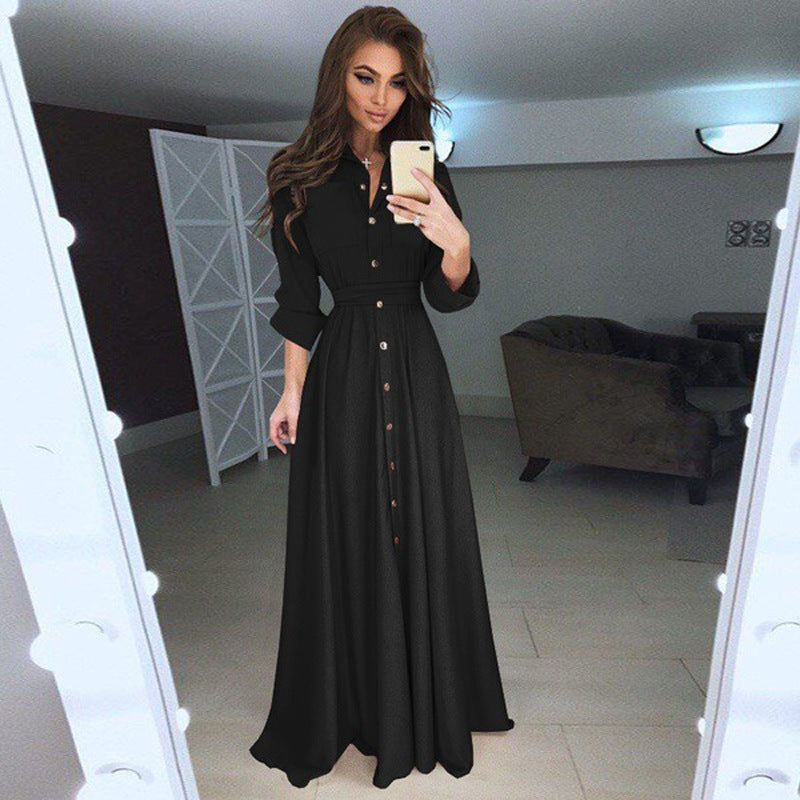 Women's Slim-fit Long-sleeved Button Self-tie Dress Dresses