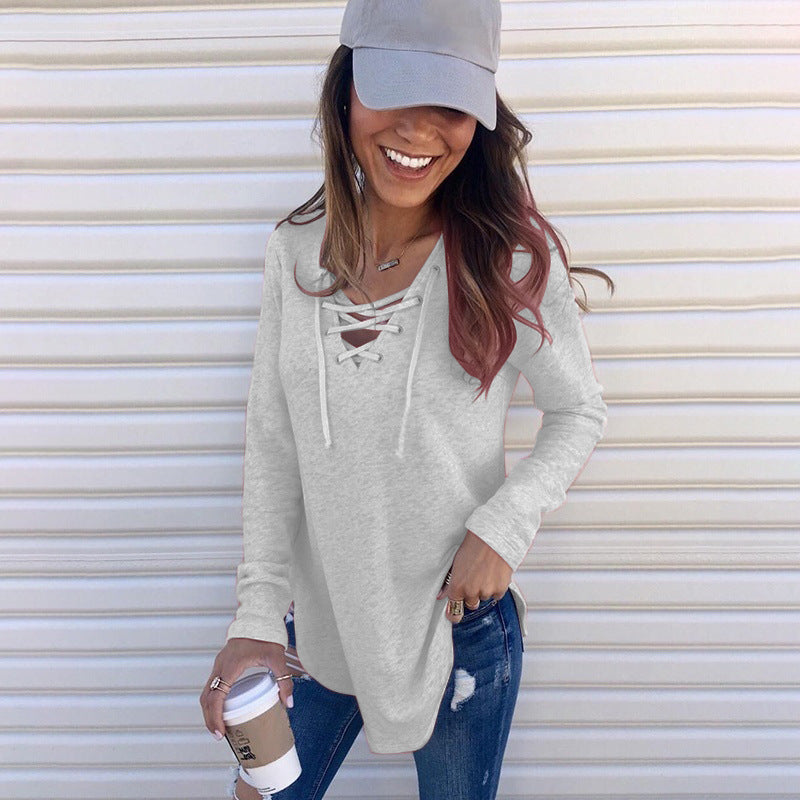 Stylish Solid Color V-neck Loose T-shirt Tops