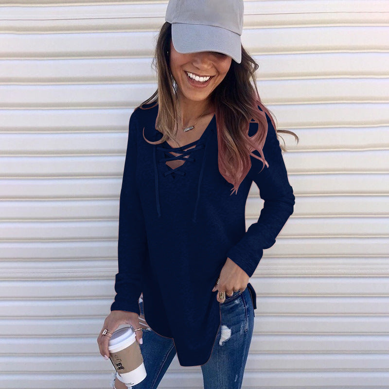 Stylish Solid Color V-neck Loose T-shirt Tops