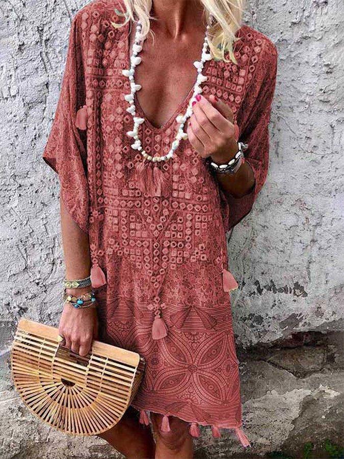 Classic Bohemian Sexy V-neck Printed Tassel Dresses