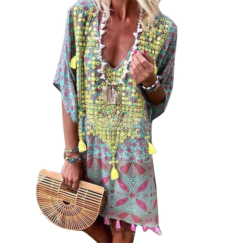 Classic Bohemian Sexy V-neck Printed Tassel Dresses