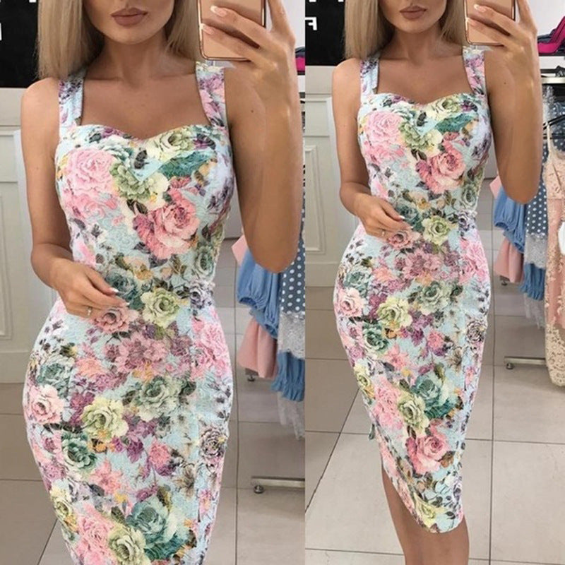 Slim Fit Slimming Spaghetti Straps Printed Dresses