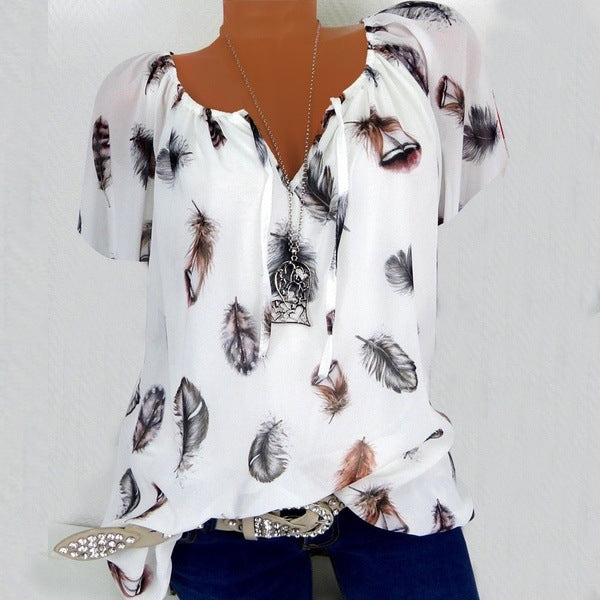 Summer Casual Loose Feather Printed V-neck Blouses