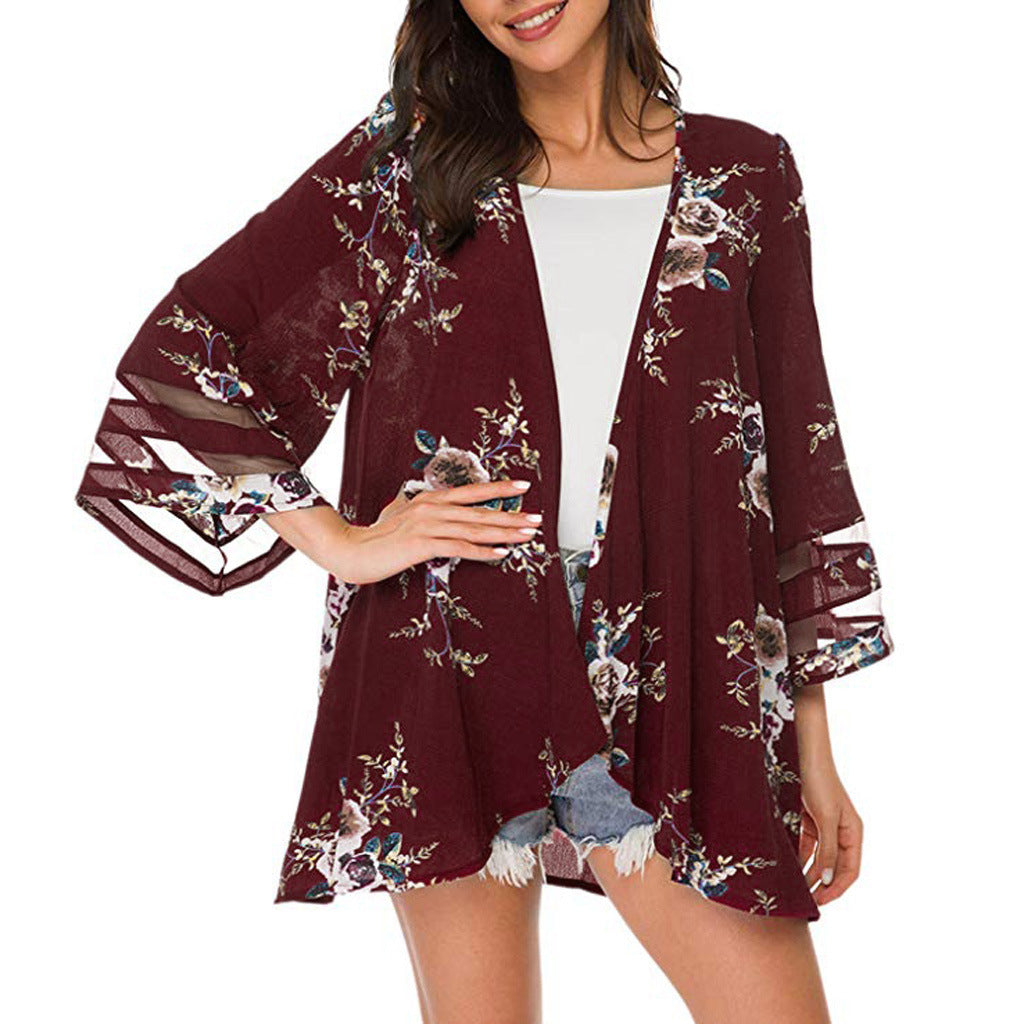 Color Printing Shirt Kimono Mesh Stitching Blouses