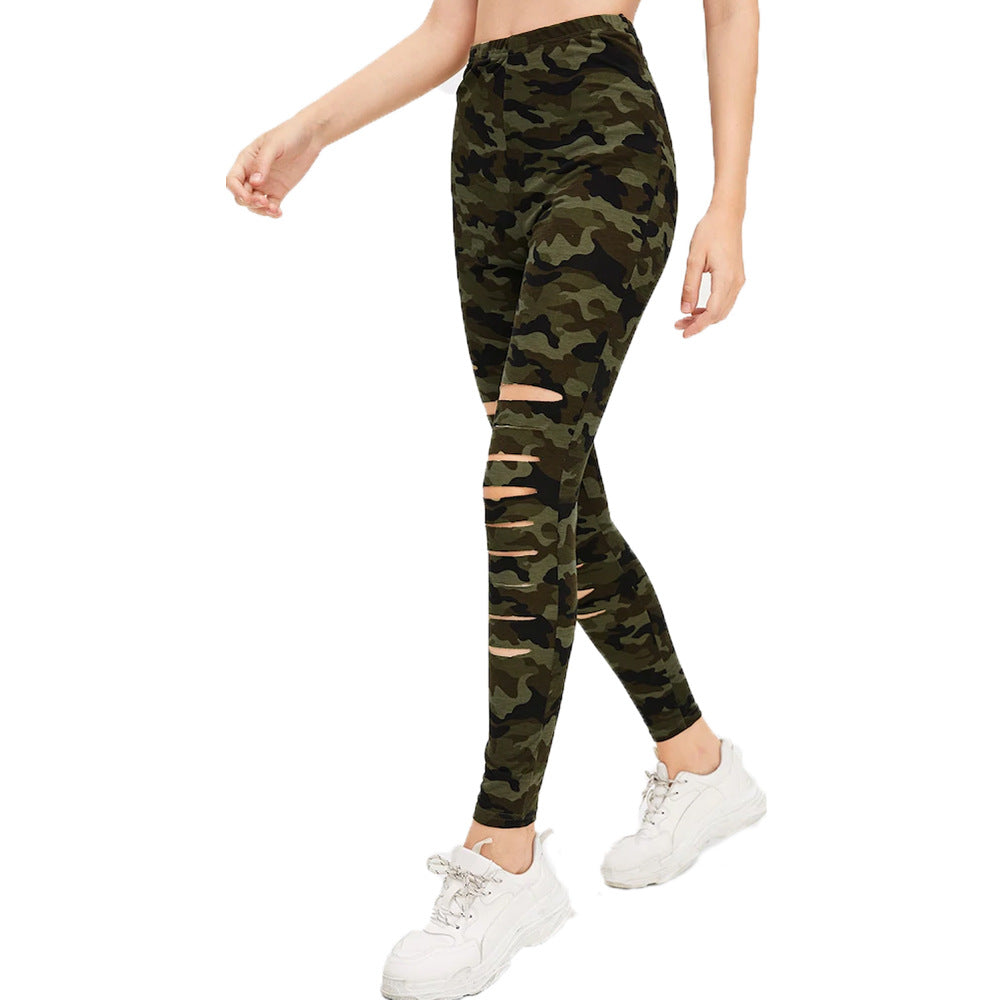 Silk Skinny Camouflage Printed Ripped Stretch Leggings