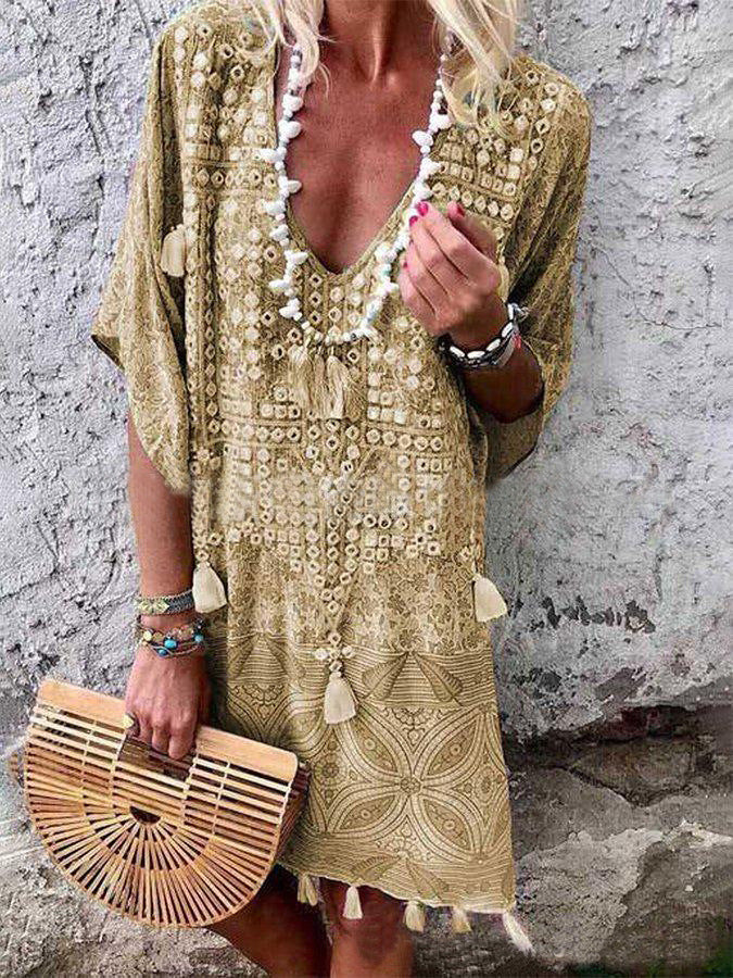 Classic Bohemian Sexy V-neck Printed Tassel Dresses