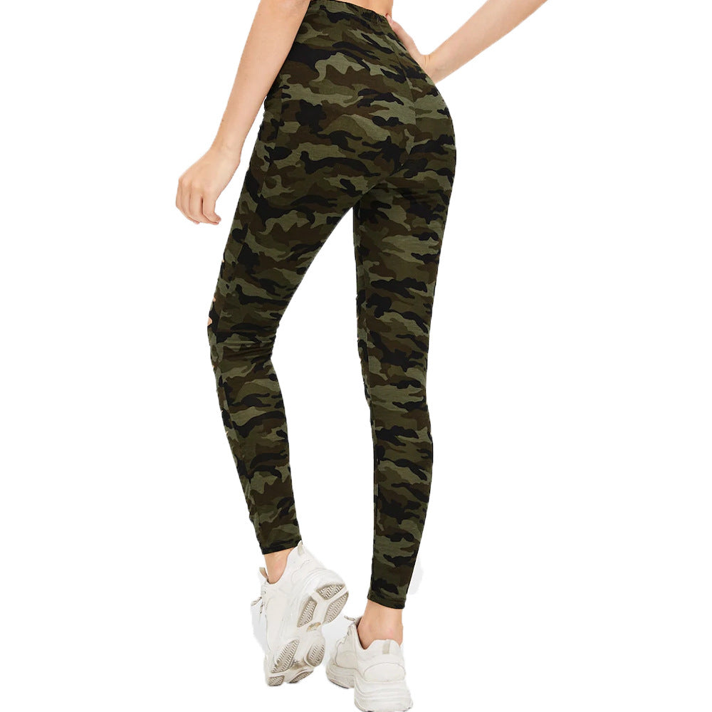 Silk Skinny Camouflage Printed Ripped Stretch Leggings