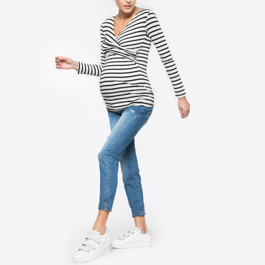 Striped Pregnant Woman Confinement Nursing Wear Blouses