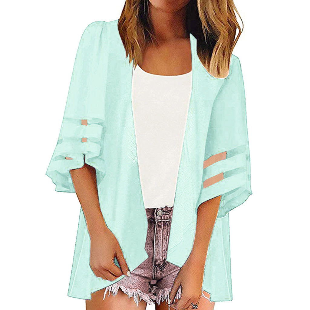 Color Printing Shirt Kimono Mesh Stitching Blouses