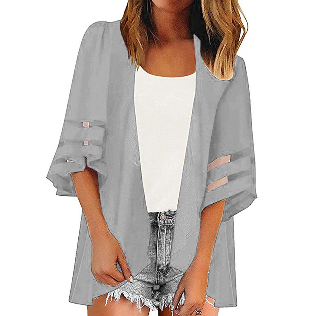 Color Printing Shirt Kimono Mesh Stitching Blouses