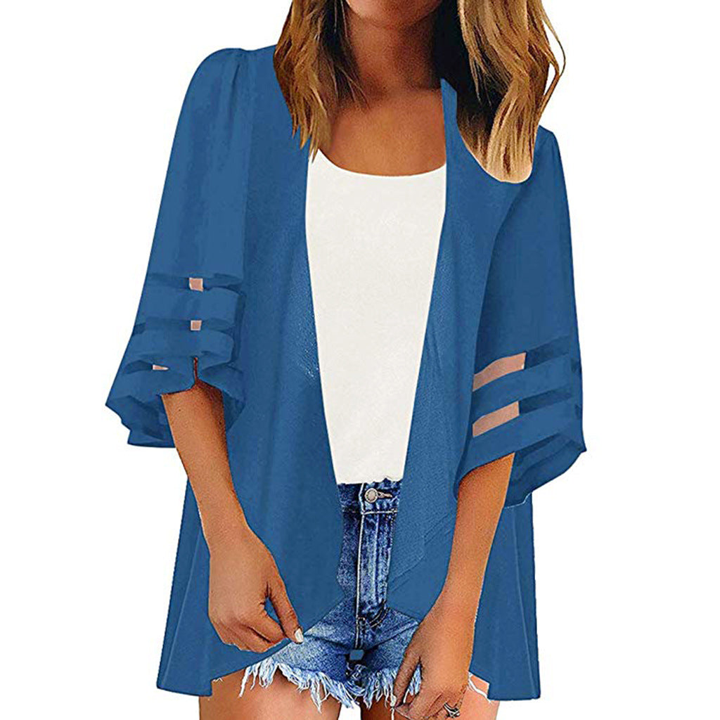 Color Printing Shirt Kimono Mesh Stitching Blouses