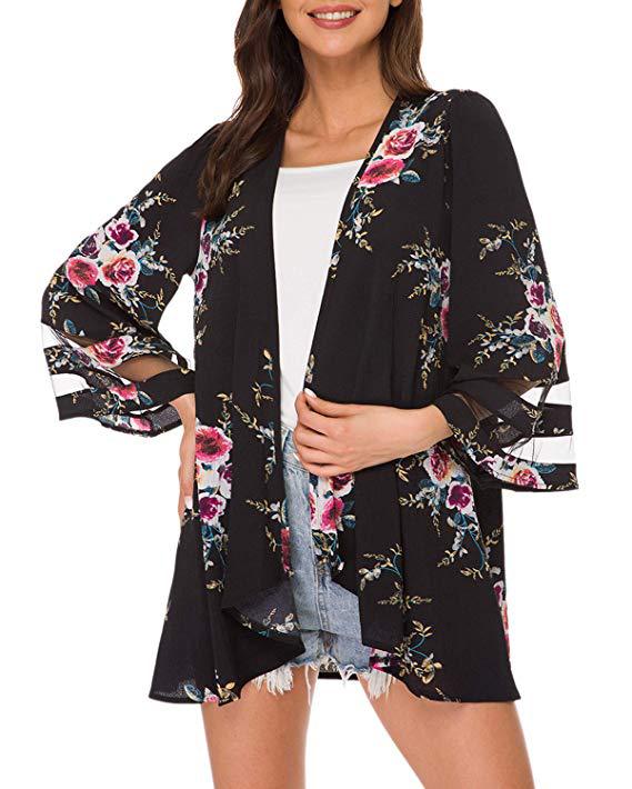 Color Printing Shirt Kimono Mesh Stitching Blouses