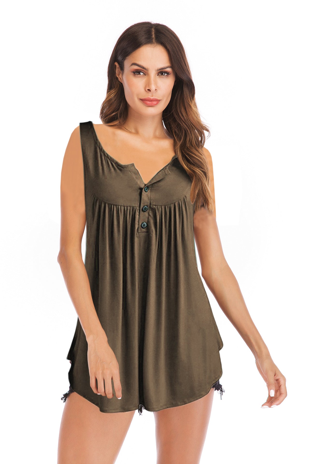 Summer V-neck Buttons Pleating Solid Color Blouses