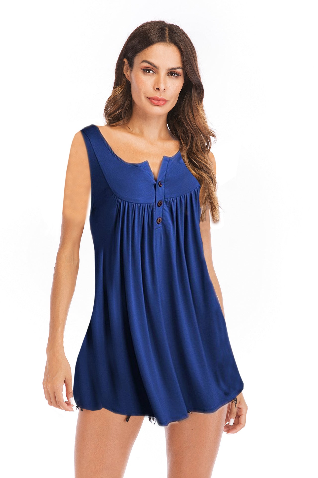 Summer V-neck Buttons Pleating Solid Color Blouses