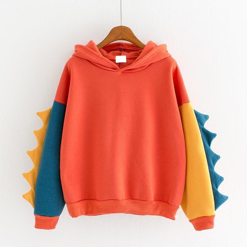 Irregular Dinosaur Contrast Color Hooded Long Sweaters