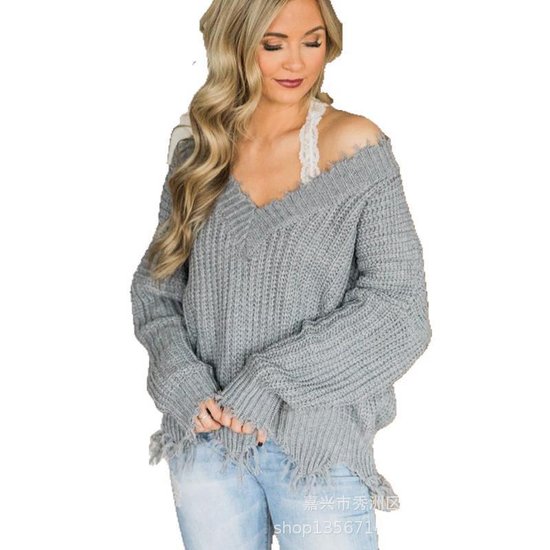 Women's V-neck Off-shoulder Loose Pullover Irregular Sweaters