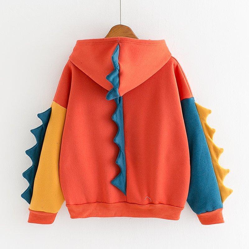 Irregular Dinosaur Contrast Color Hooded Long Sweaters