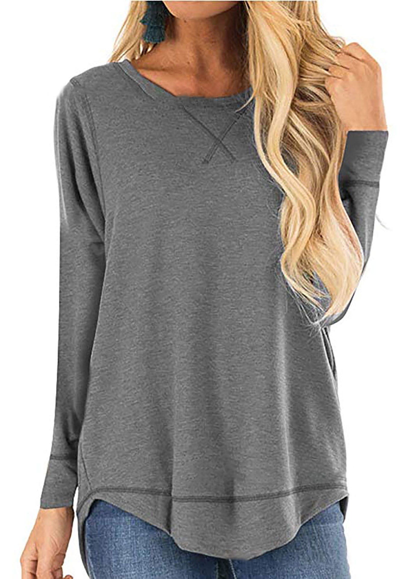 Women's Round Neck Long Sleeve T-shirt Solid Color Loose Back Blouses