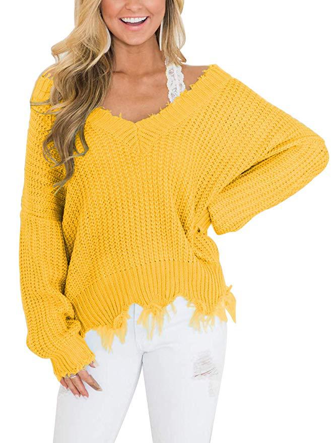 Women's V-neck Off-shoulder Loose Pullover Irregular Sweaters
