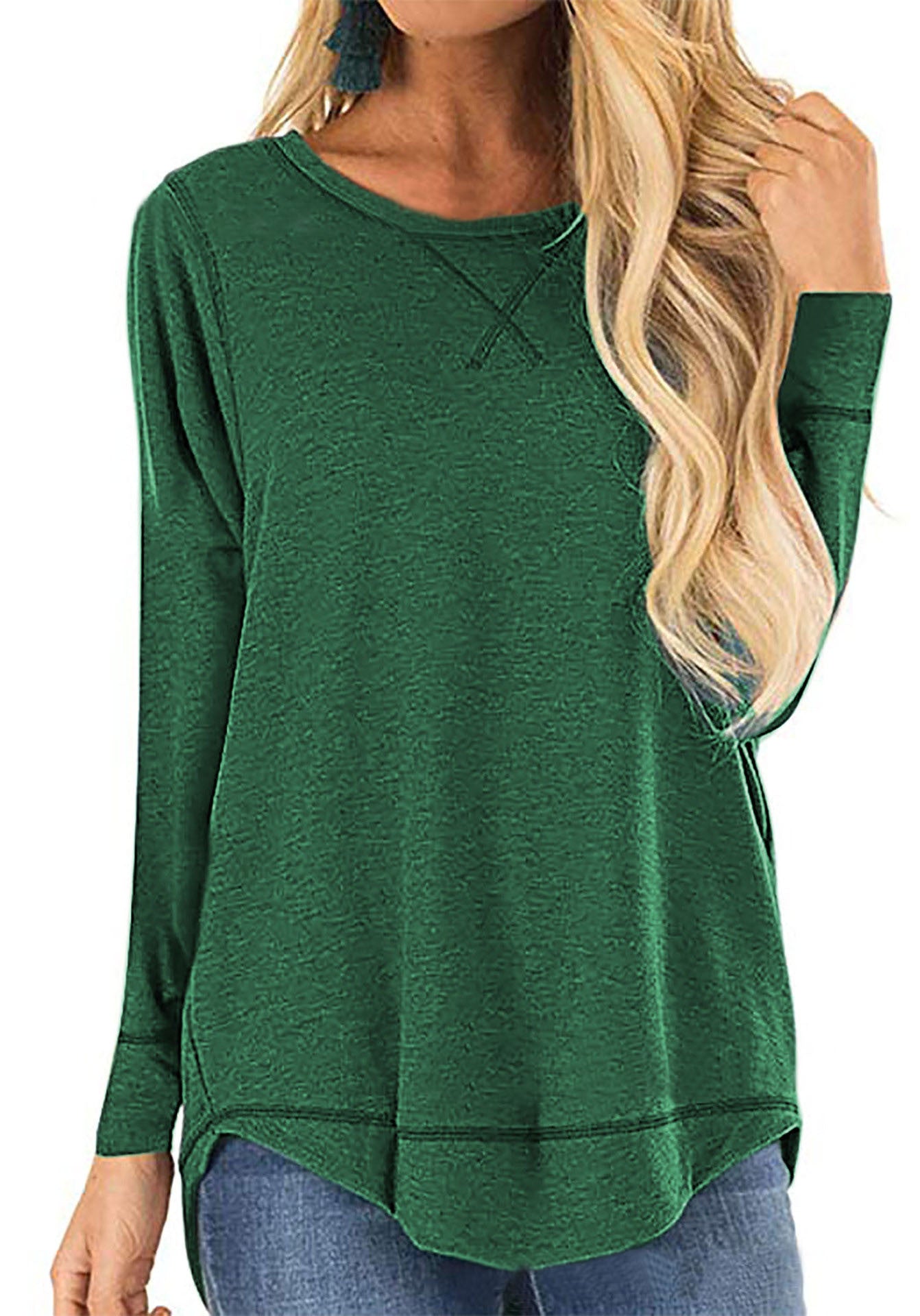 Women's Round Neck Long Sleeve T-shirt Solid Color Loose Back Blouses