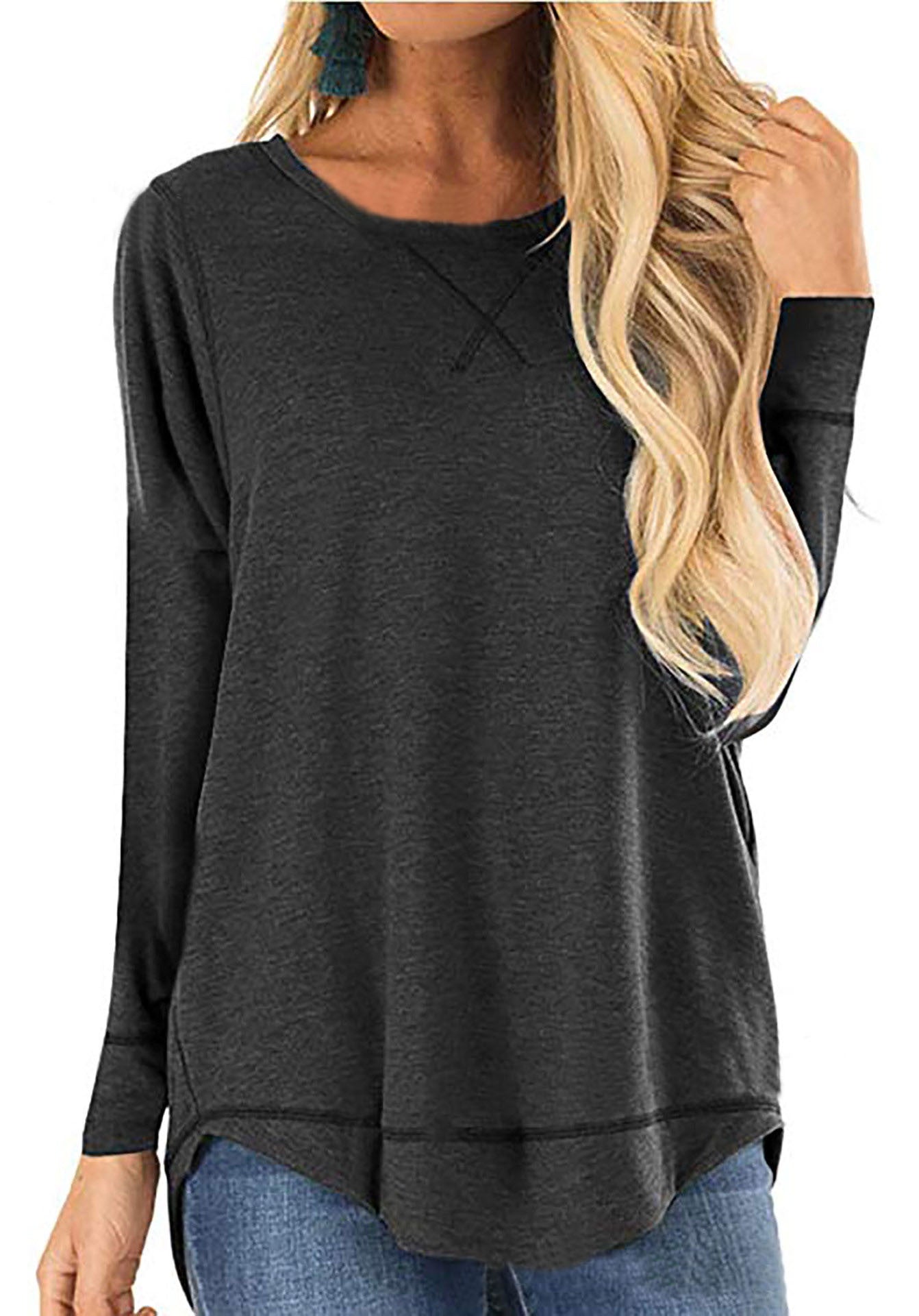 Women's Round Neck Long Sleeve T-shirt Solid Color Loose Back Blouses