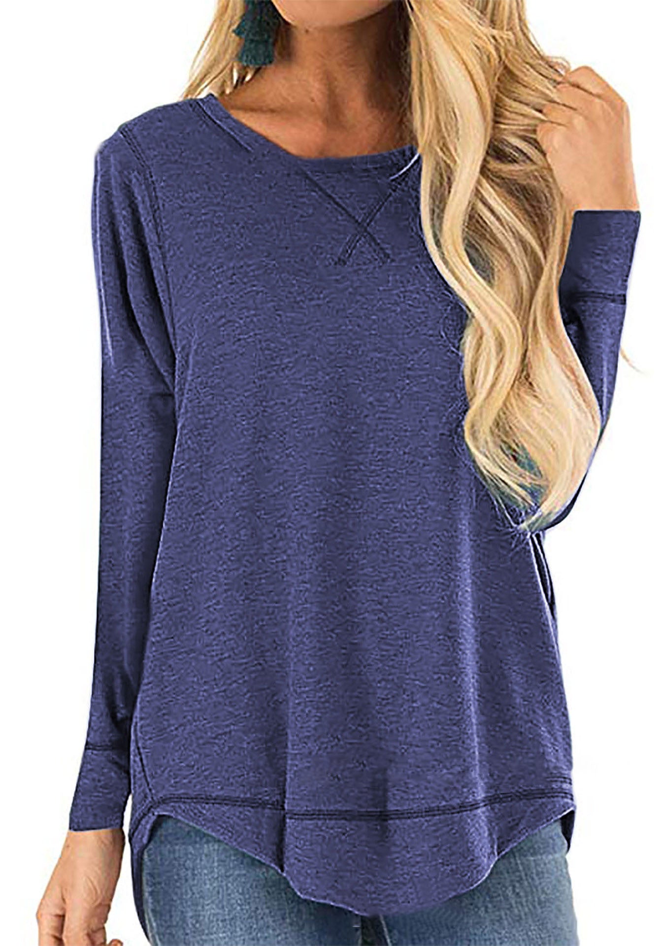 Women's Round Neck Long Sleeve T-shirt Solid Color Loose Back Blouses