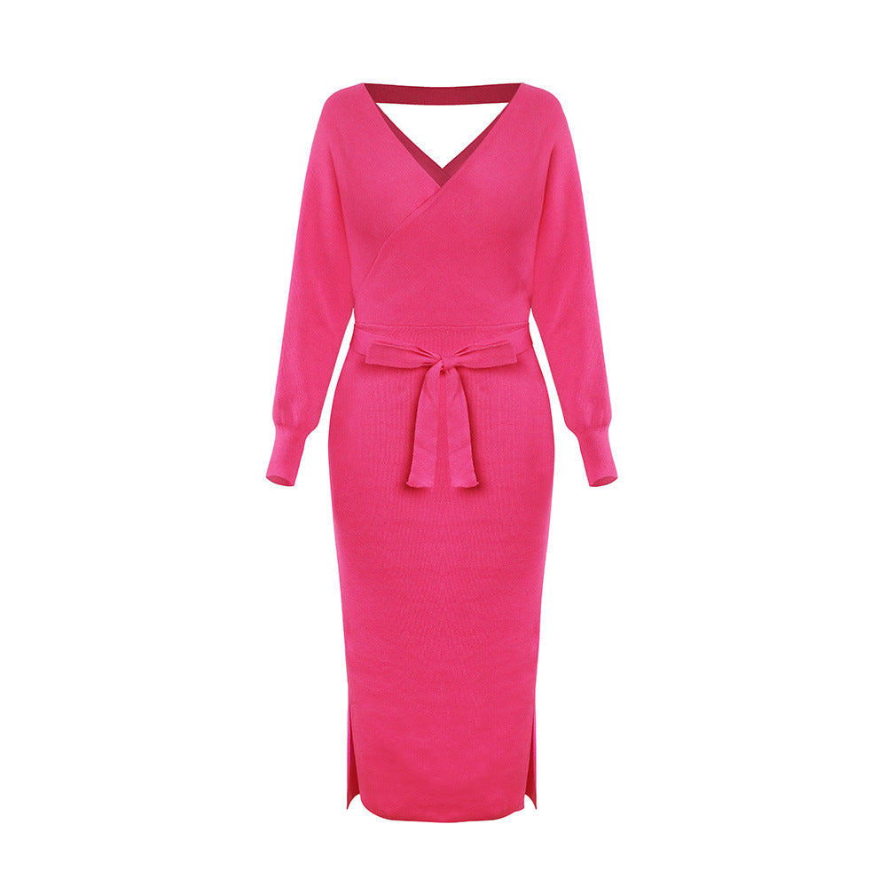 Elegant Knitted Dress Slim Fit V-neck Dresses