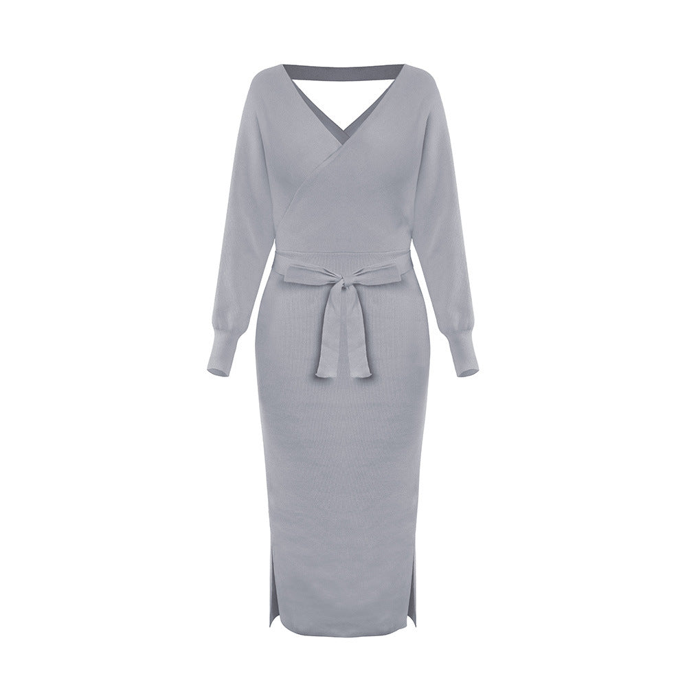 Elegant Knitted Dress Slim Fit V-neck Dresses