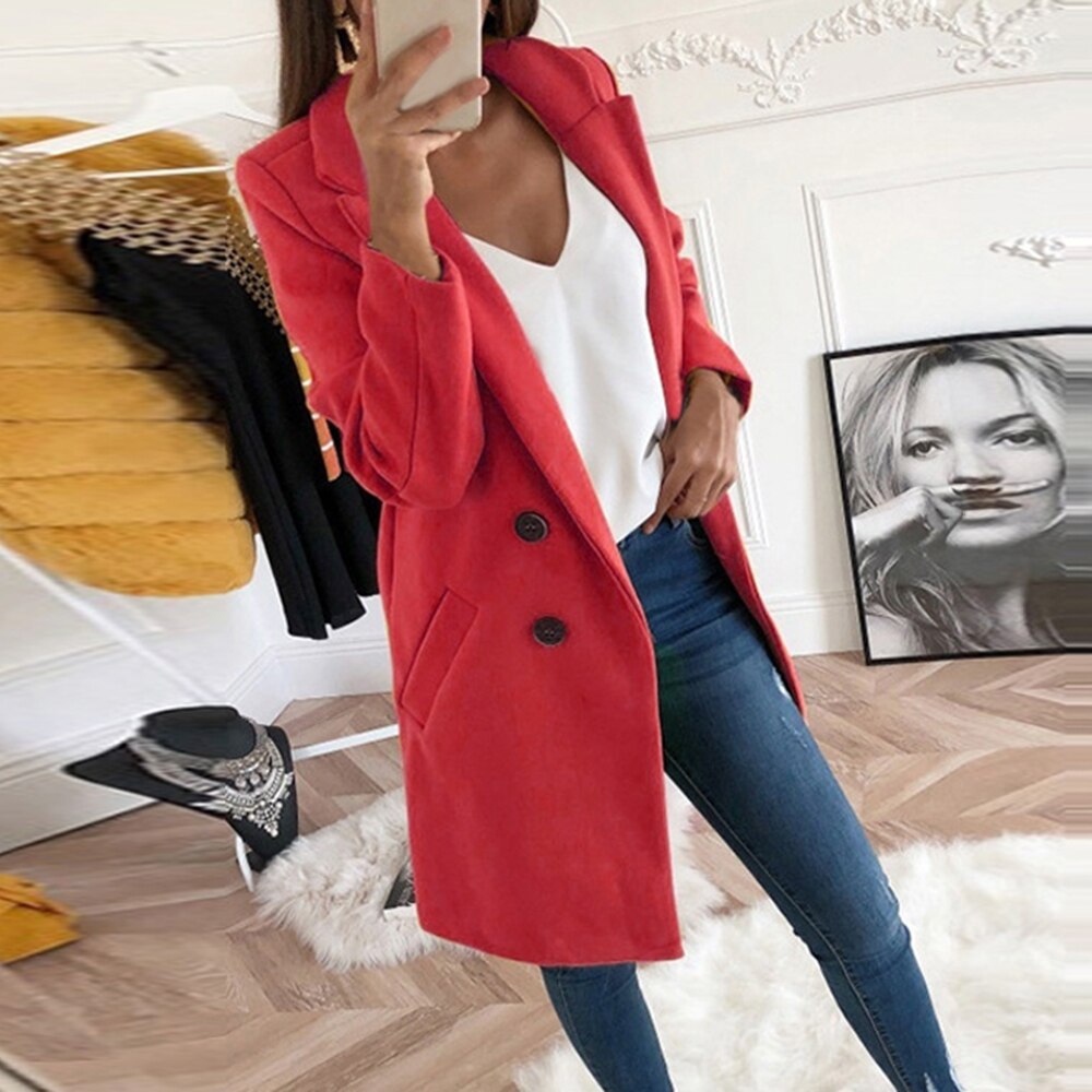 Women's Solid Color Polo Collar Mid-length Button Coats