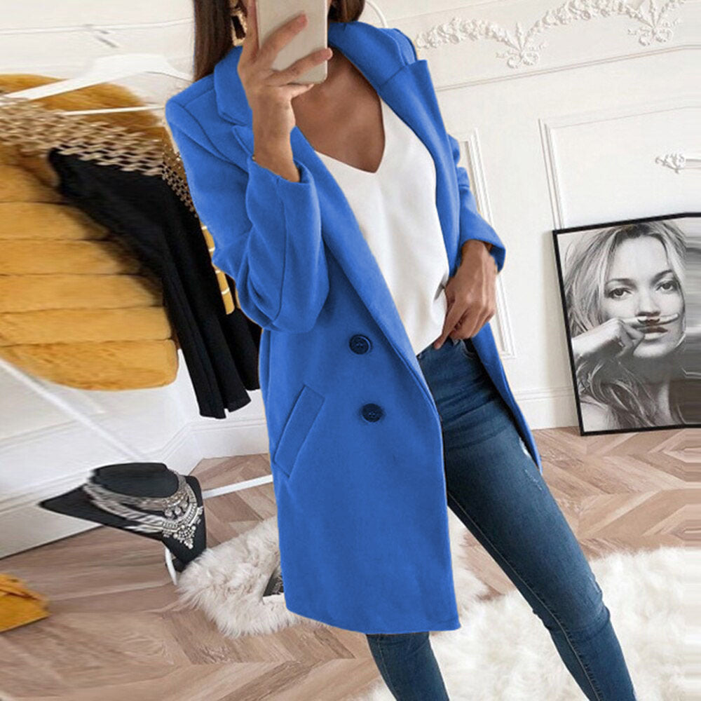 Women's Solid Color Polo Collar Mid-length Button Coats