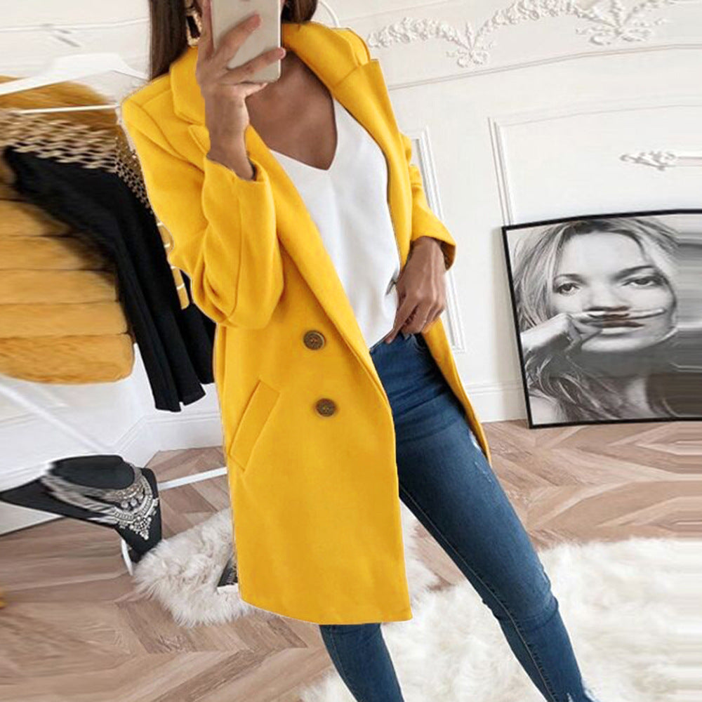 Women's Solid Color Polo Collar Mid-length Button Coats