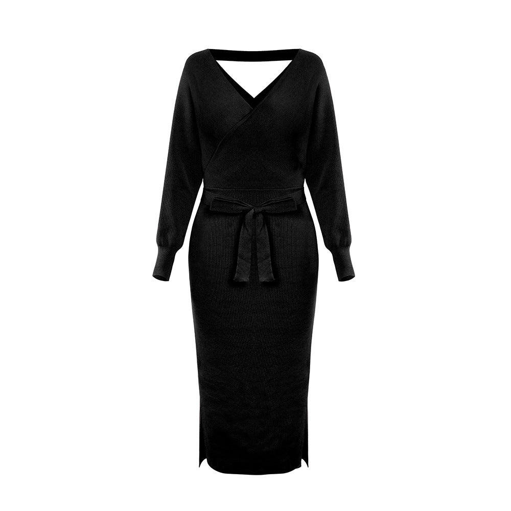 Elegant Knitted Dress Slim Fit V-neck Dresses