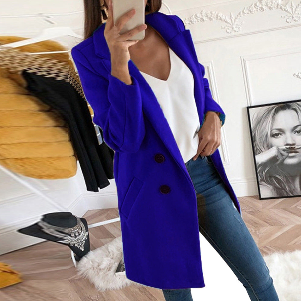 Women's Solid Color Polo Collar Mid-length Button Coats