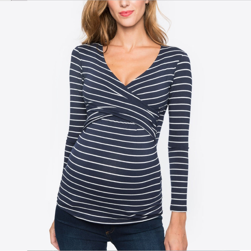 Women's Pregnant Striped Long-sleeved Breastfeeding T-shirt Blouses