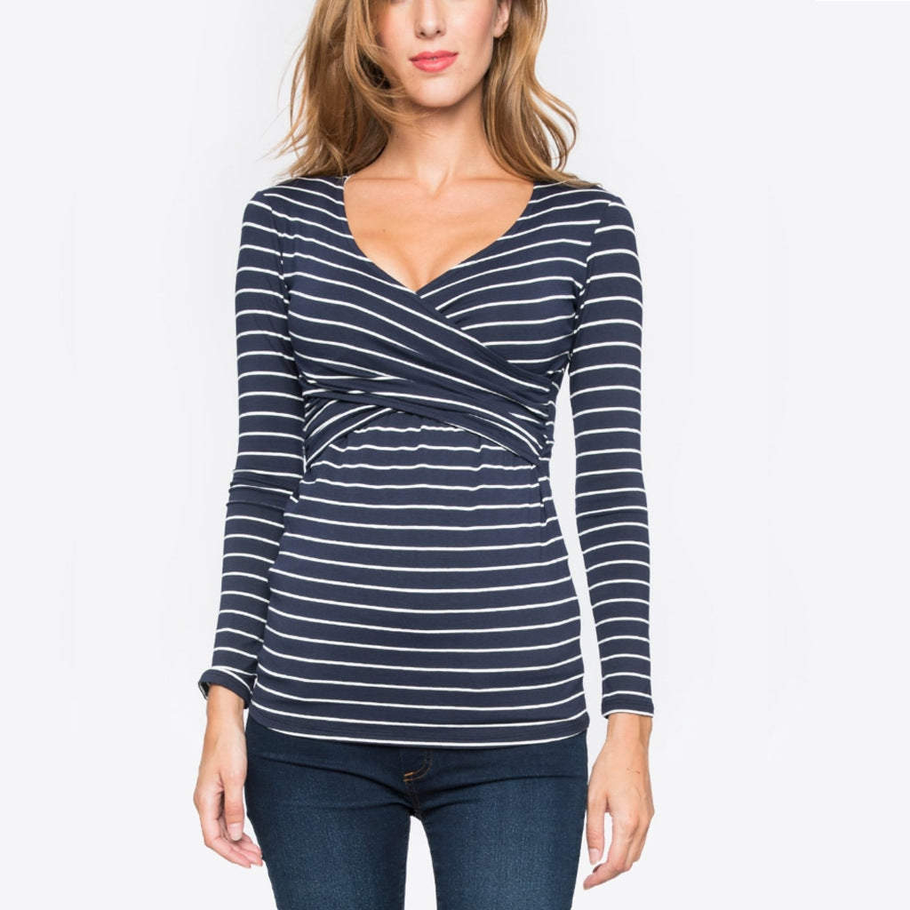 Women's Pregnant Striped Long-sleeved Breastfeeding T-shirt Blouses