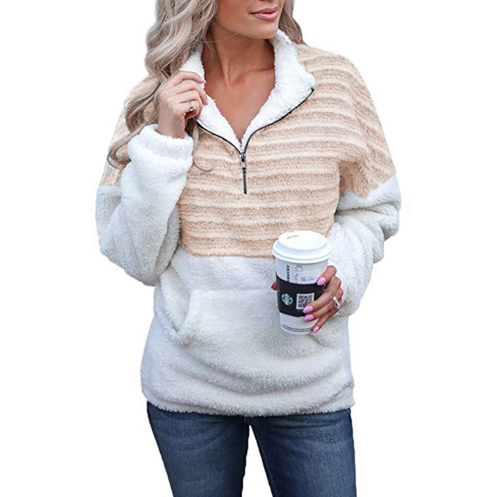 Women's Fashion Plush V-neck Long-sleeve Zipper Color Sweaters